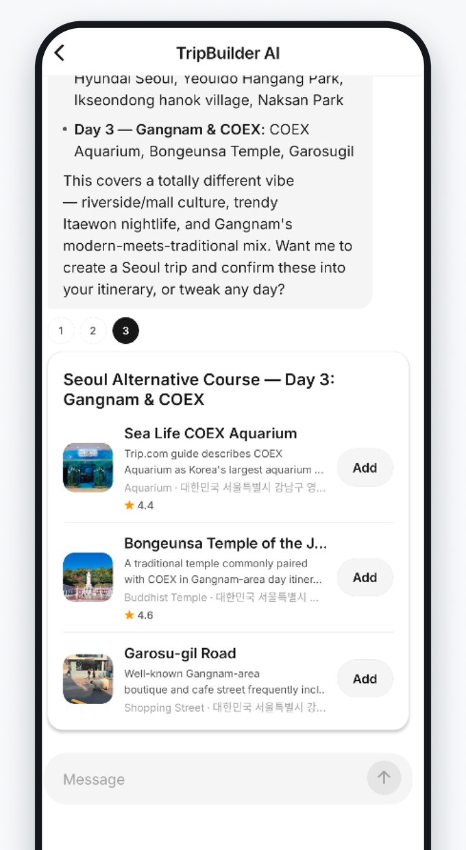 Trip Builder アプリ画面 — 自分だけの AI トラベルアシスタント