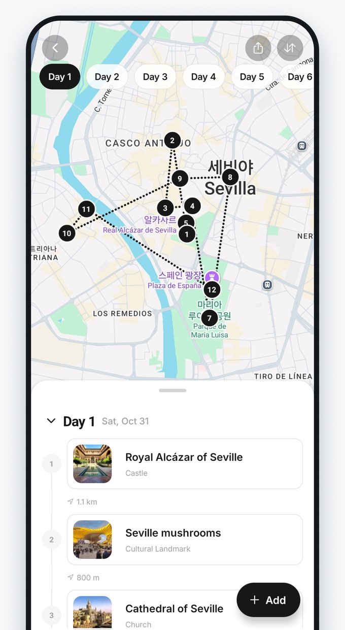 Trip Builder アプリ画面 — Day 別の旅程とルート